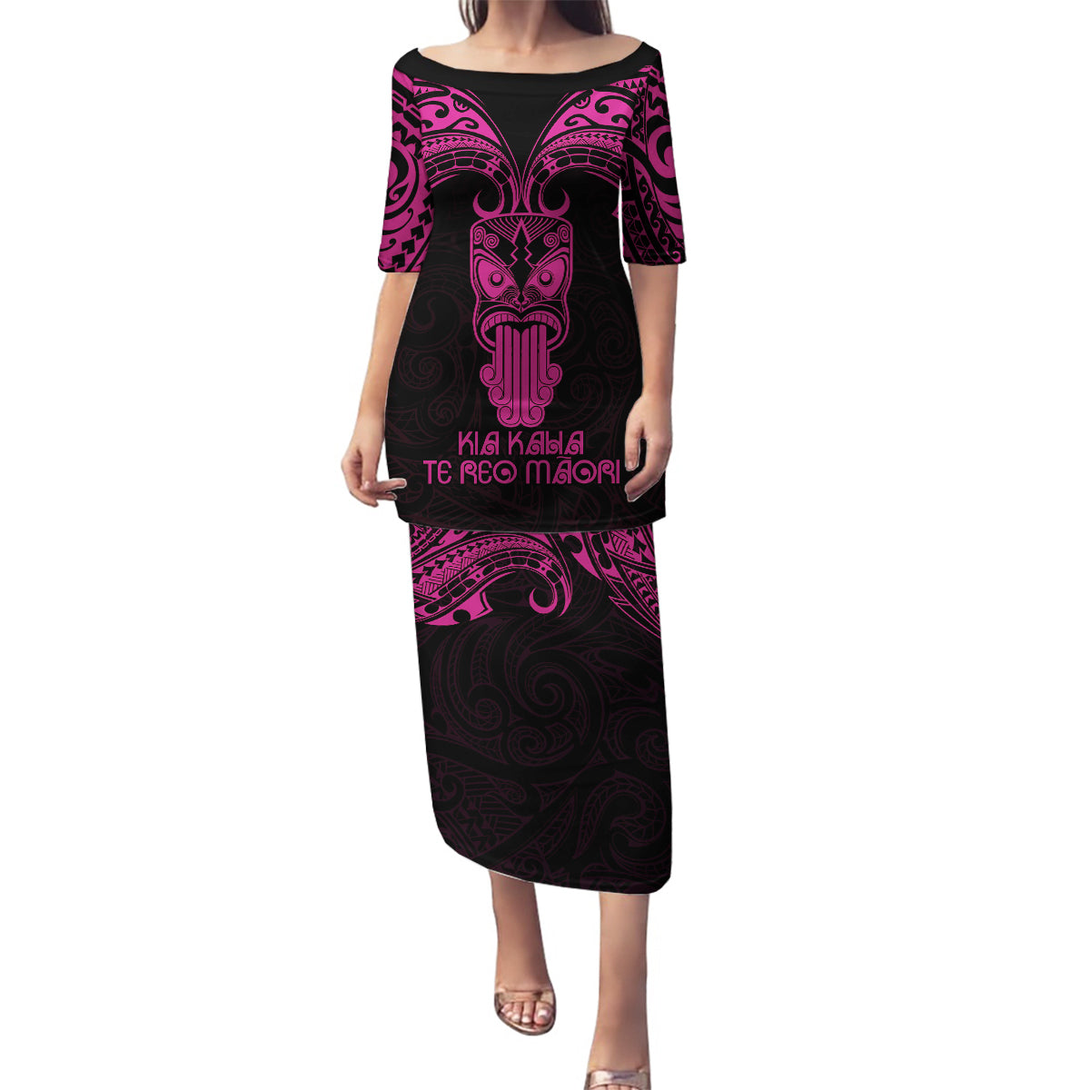 Personalised New Zealand Te Reo Maori Family Matching Puletasi Dress and Hawaiian Shirt Kia Kaha Maori Language Week Pink Style LT9 Mom's Dress Pink - Polynesian Pride