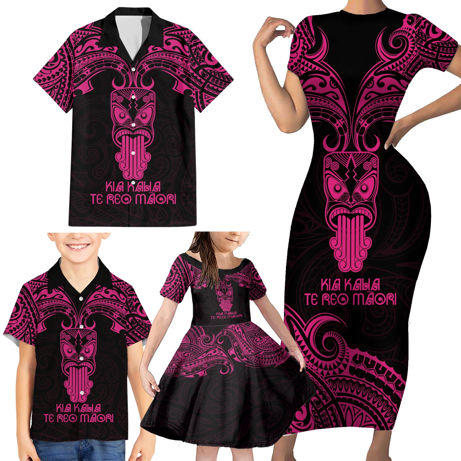 Personalised New Zealand Te Reo Maori Family Matching Short Sleeve Bodycon Dress and Hawaiian Shirt Kia Kaha Maori Language Week Pink Style LT9 - Polynesian Pride