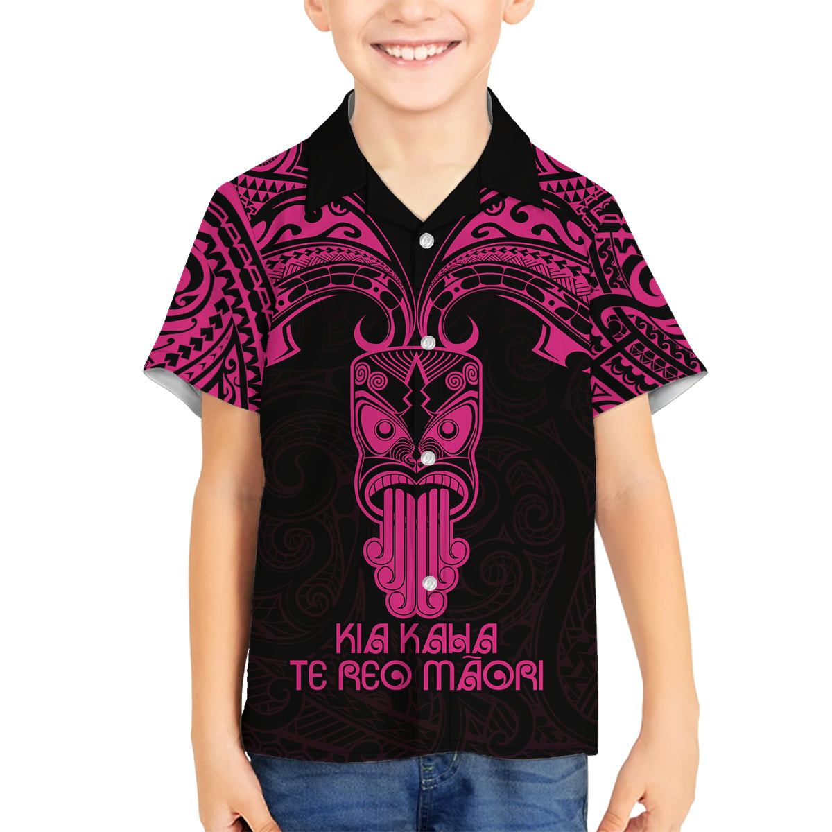 Personalised New Zealand Te Reo Maori Family Matching Summer Maxi Dress and Hawaiian Shirt Kia Kaha Maori Language Week Pink Style LT9 Son's Shirt Pink - Polynesian Pride