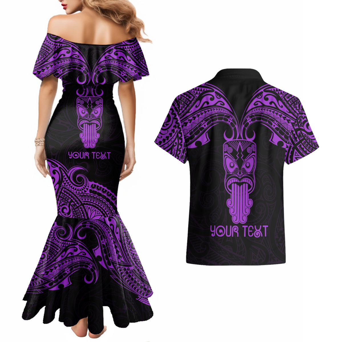 Personalised New Zealand Te Reo Maori Couples Matching Mermaid Dress and Hawaiian Shirt Kia Kaha Maori Language Week Purple Style LT9 - Polynesian Pride