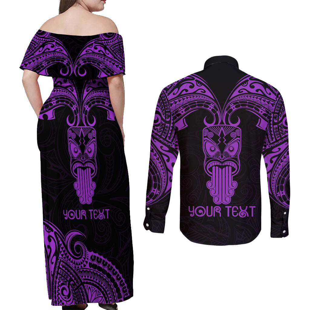 Personalised New Zealand Te Reo Maori Couples Matching Off Shoulder Maxi Dress and Long Sleeve Button Shirts Kia Kaha Maori Language Week Purple Style LT9 - Polynesian Pride