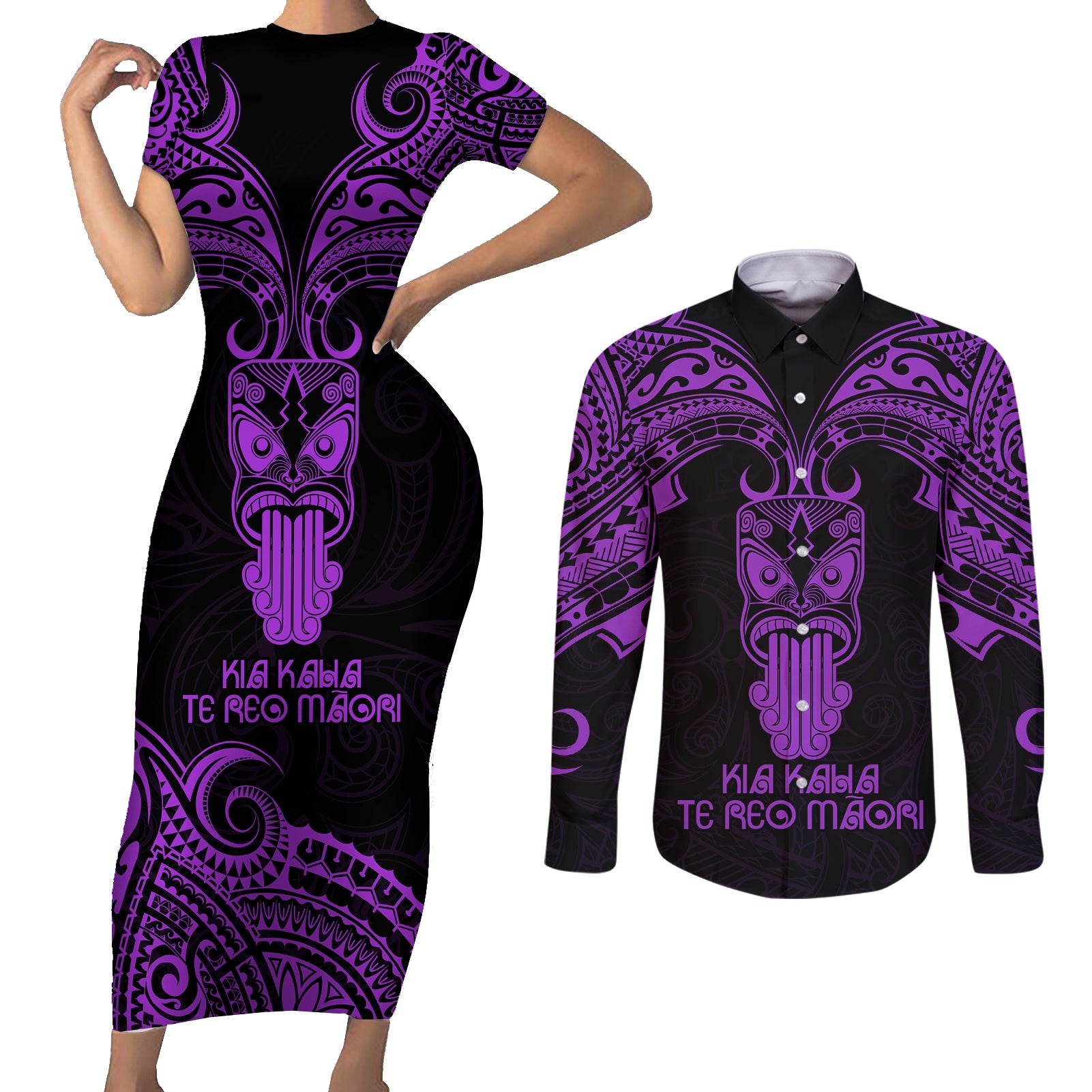 Personalised New Zealand Te Reo Maori Couples Matching Short Sleeve Bodycon Dress and Long Sleeve Button Shirts Kia Kaha Maori Language Week Purple Style LT9 Purple - Polynesian Pride