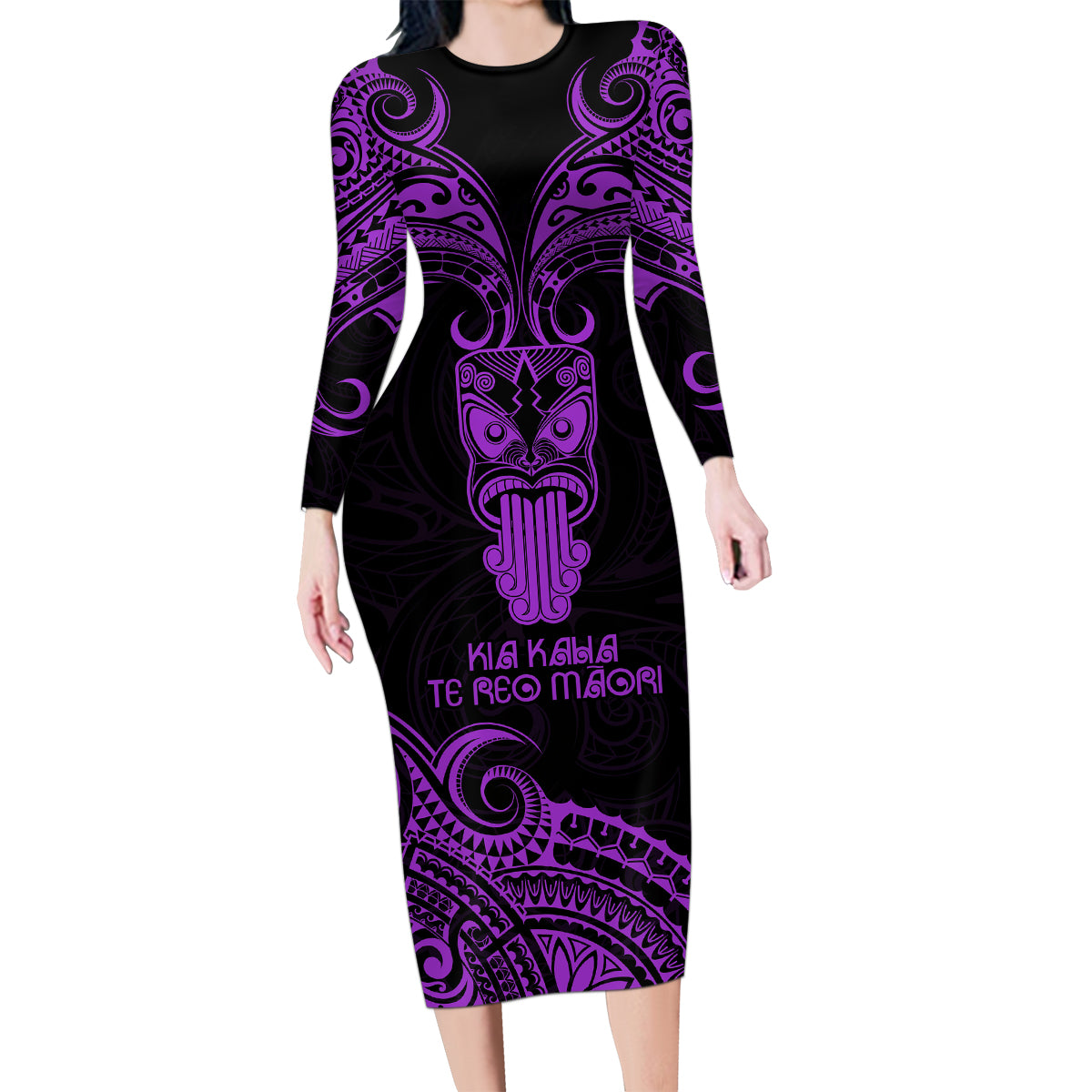 Personalised New Zealand Te Reo Maori Family Matching Long Sleeve Bodycon Dress and Hawaiian Shirt Kia Kaha Maori Language Week Purple Style LT9 Mom's Dress Purple - Polynesian Pride