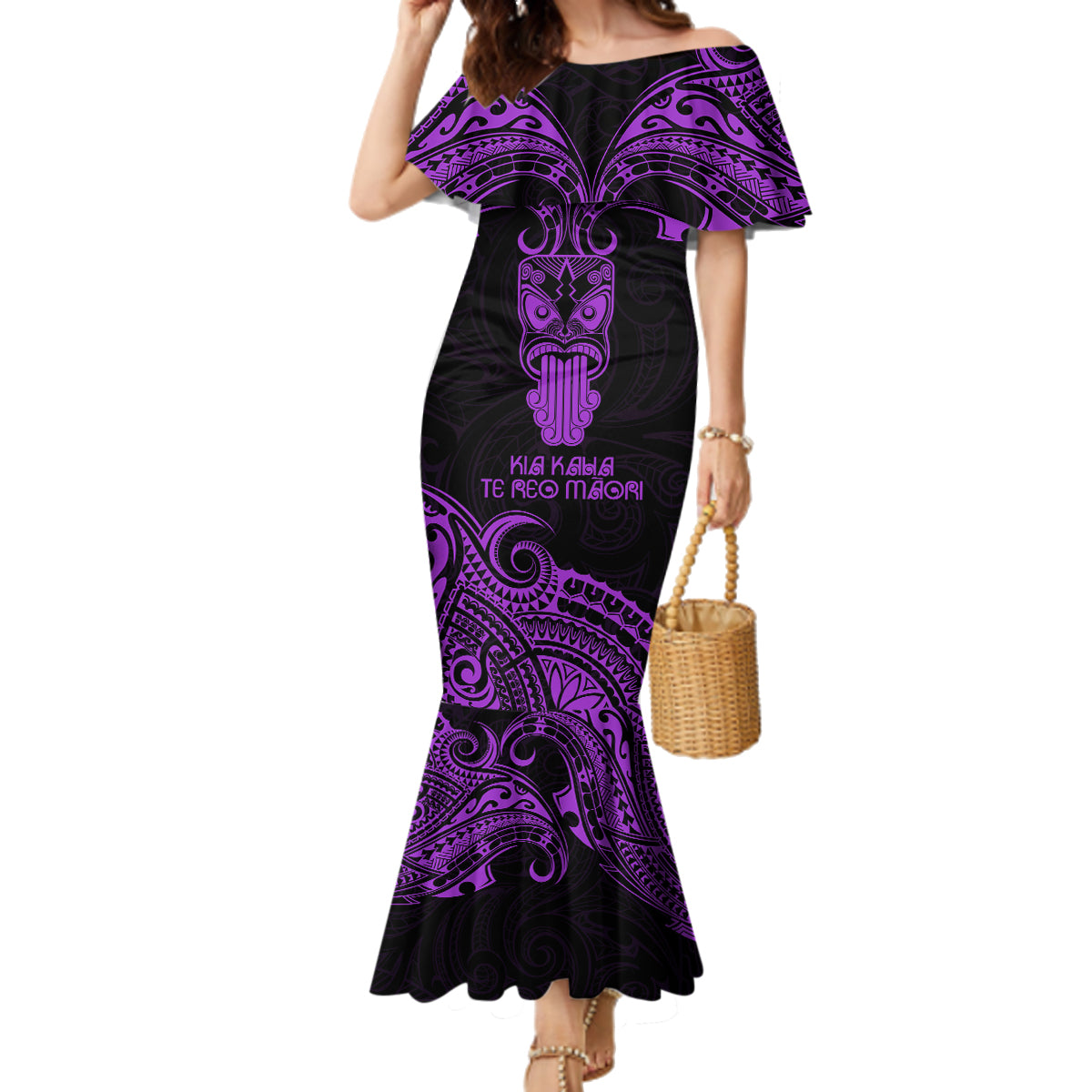 Personalised New Zealand Te Reo Maori Family Matching Mermaid Dress and Hawaiian Shirt Kia Kaha Maori Language Week Purple Style LT9 Mom's Dress Purple - Polynesian Pride