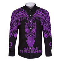 Personalised New Zealand Te Reo Maori Family Matching Off Shoulder Short Dress and Hawaiian Shirt Kia Kaha Maori Language Week Purple Style LT9 Dad's Shirt - Long Sleeve Purple - Polynesian Pride