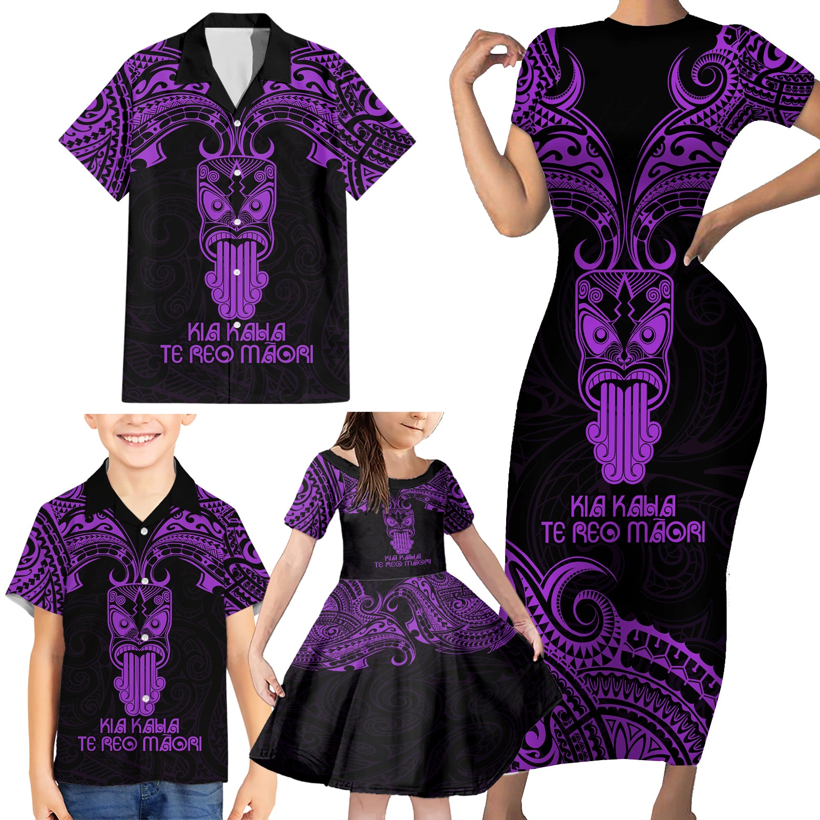 Personalised New Zealand Te Reo Maori Family Matching Short Sleeve Bodycon Dress and Hawaiian Shirt Kia Kaha Maori Language Week Purple Style LT9 - Polynesian Pride