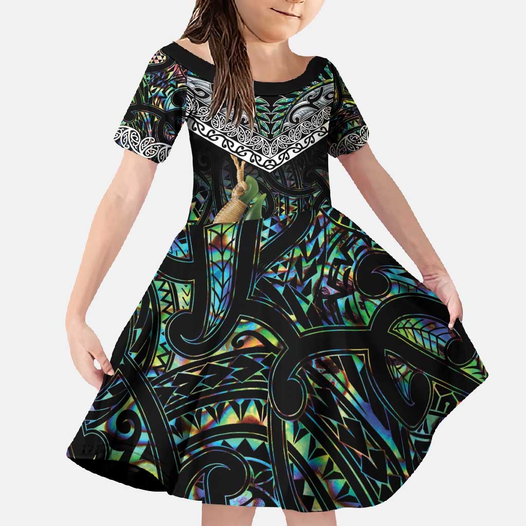 Personalised Maori Manaia Family Matching Short Sleeve Bodycon Dress and Hawaiian Shirt New Zealand Tribal Hei Matau Papua Shell LT9 Daughter's Dress Green - Polynesian Pride