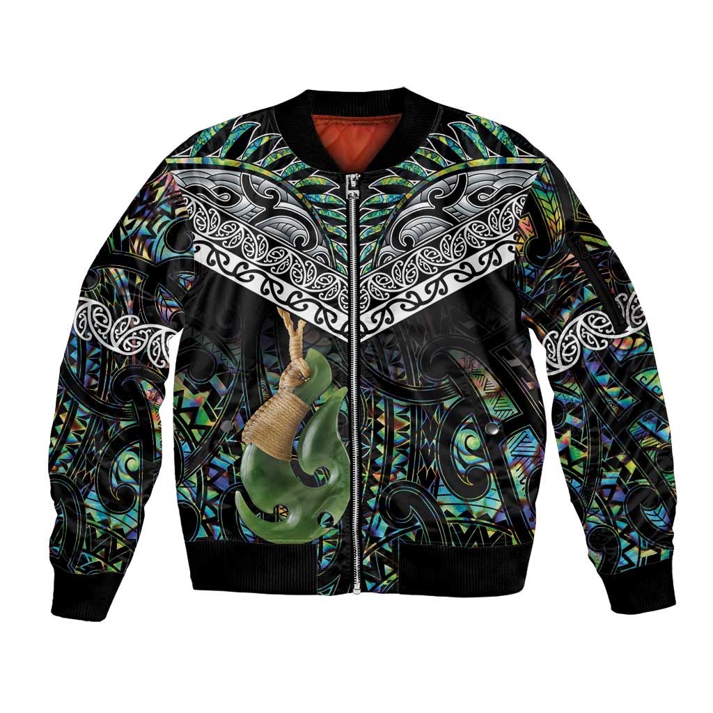 Personalised Maori Manaia Sleeve Zip Bomber Jacket New Zealand Tribal Hei Matau Papua Shell LT9 Unisex Green - Polynesian Pride