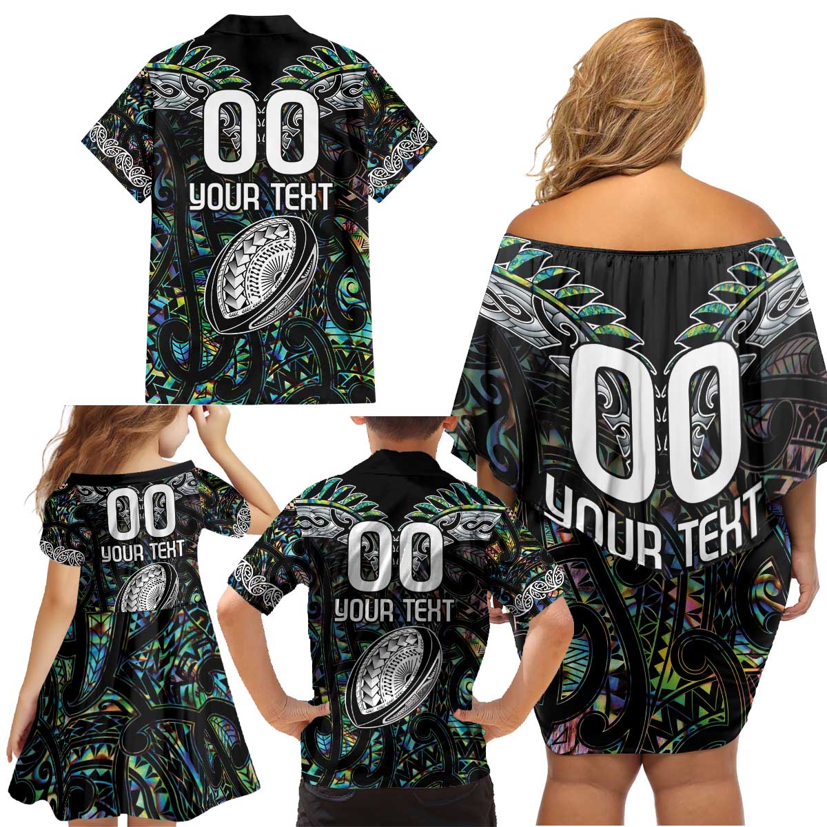 Custom New Zealand Family Matching Off Shoulder Short Dress and Hawaiian Shirt Maori Rugby Tattoo Papua Shell