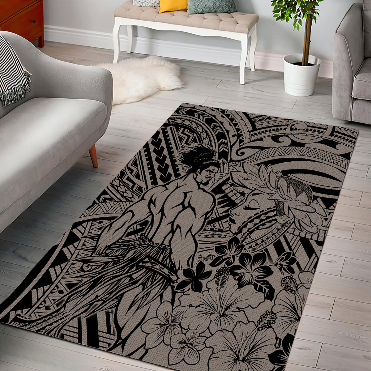 Beauty and The Warrior Polynesian Valentine Area Rug Hibiscus FLowers Brown Style LT9 - Polynesian Pride