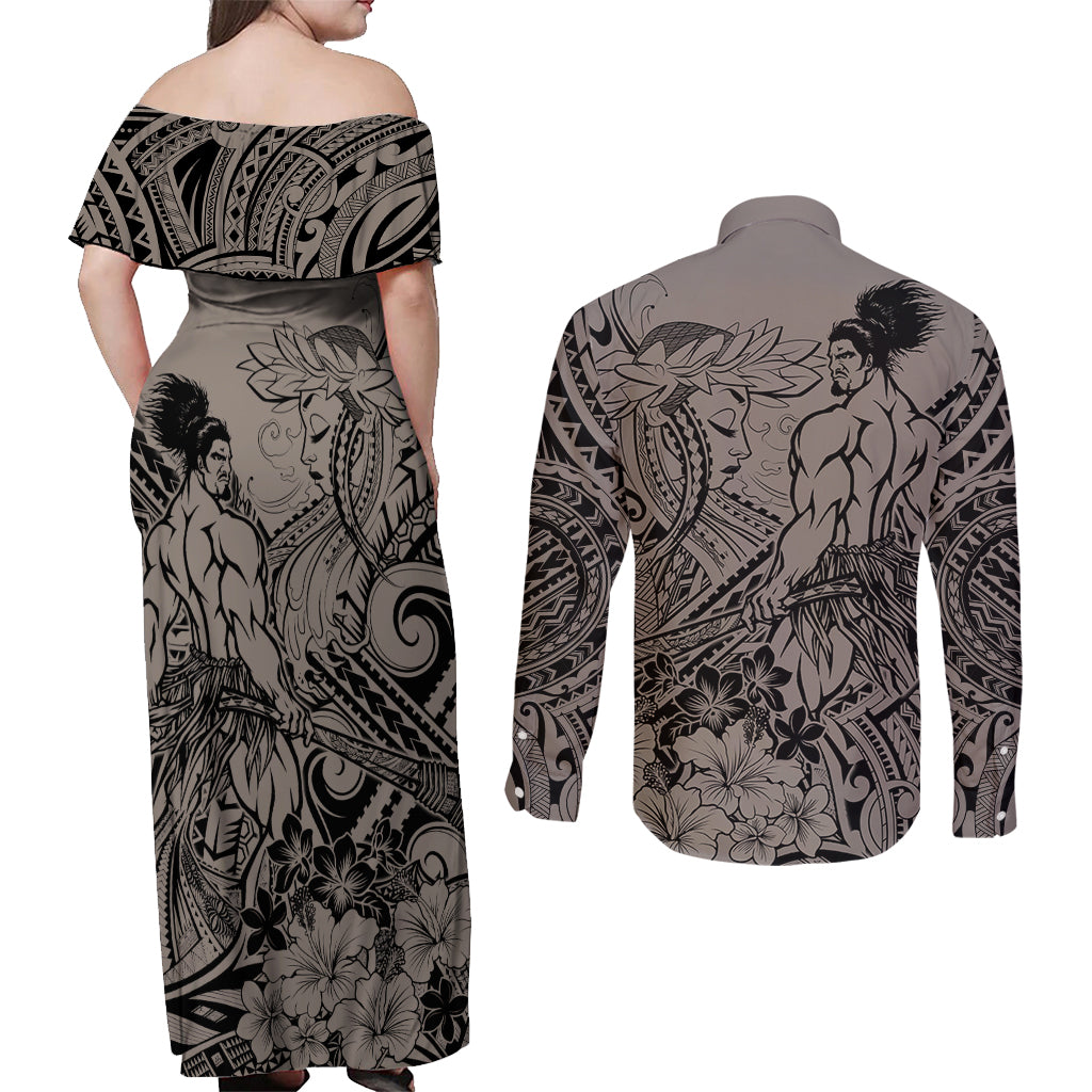 Beauty and The Warrior Polynesian Valentine Couples Matching Off Shoulder Maxi Dress and Long Sleeve Button Shirt Hibiscus FLowers Brown Style LT9 - Polynesian Pride