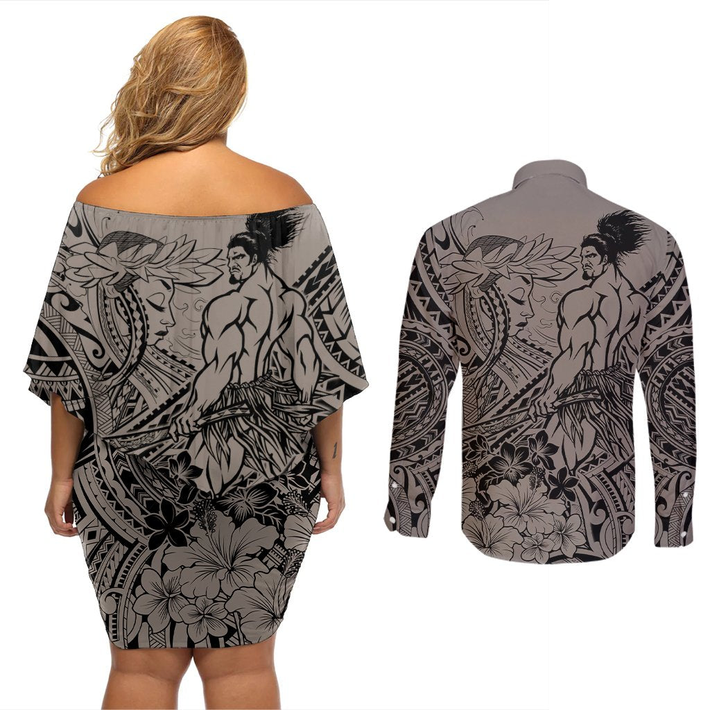 Beauty and The Warrior Polynesian Valentine Couples Matching Off Shoulder Short Dress and Long Sleeve Button Shirt Hibiscus FLowers Brown Style LT9 - Polynesian Pride