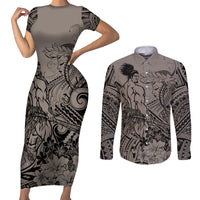 Beauty and The Warrior Polynesian Valentine Couples Matching Short Sleeve Bodycon Dress and Long Sleeve Button Shirt Hibiscus FLowers Brown Style LT9 Brown - Polynesian Pride