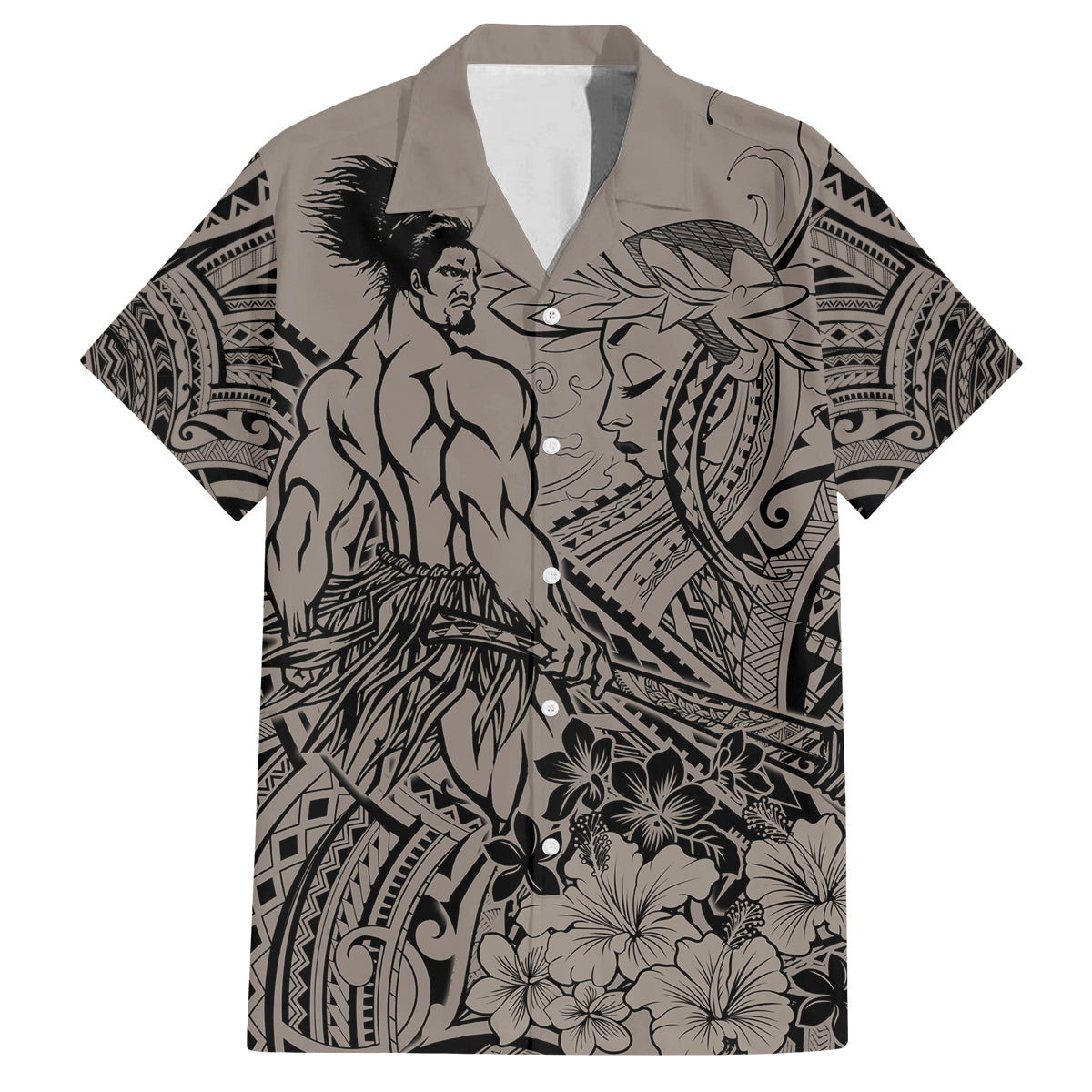 Beauty and The Warrior Polynesian Valentine Family Matching Puletasi Dress and Hawaiian Shirt Hibiscus FLowers Brown Style LT9 Dad's Shirt - Short Sleeve Brown - Polynesian Pride
