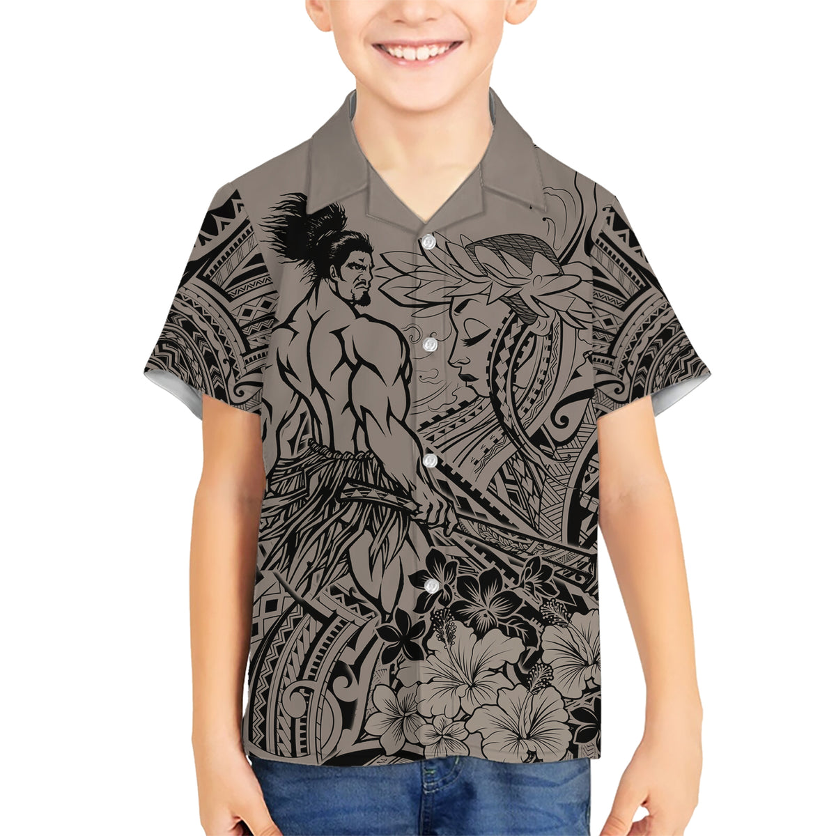 Beauty and The Warrior Polynesian Valentine Family Matching Short Sleeve Bodycon Dress and Hawaiian Shirt Hibiscus FLowers Brown Style LT9 Son's Shirt Brown - Polynesian Pride
