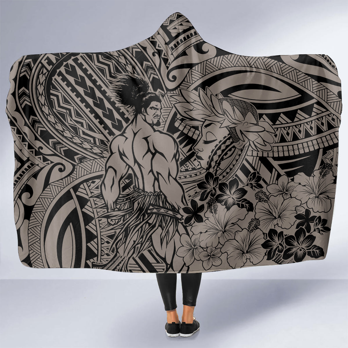Beauty and The Warrior Polynesian Valentine Hooded Blanket Hibiscus FLowers Brown Style LT9 - Polynesian Pride
