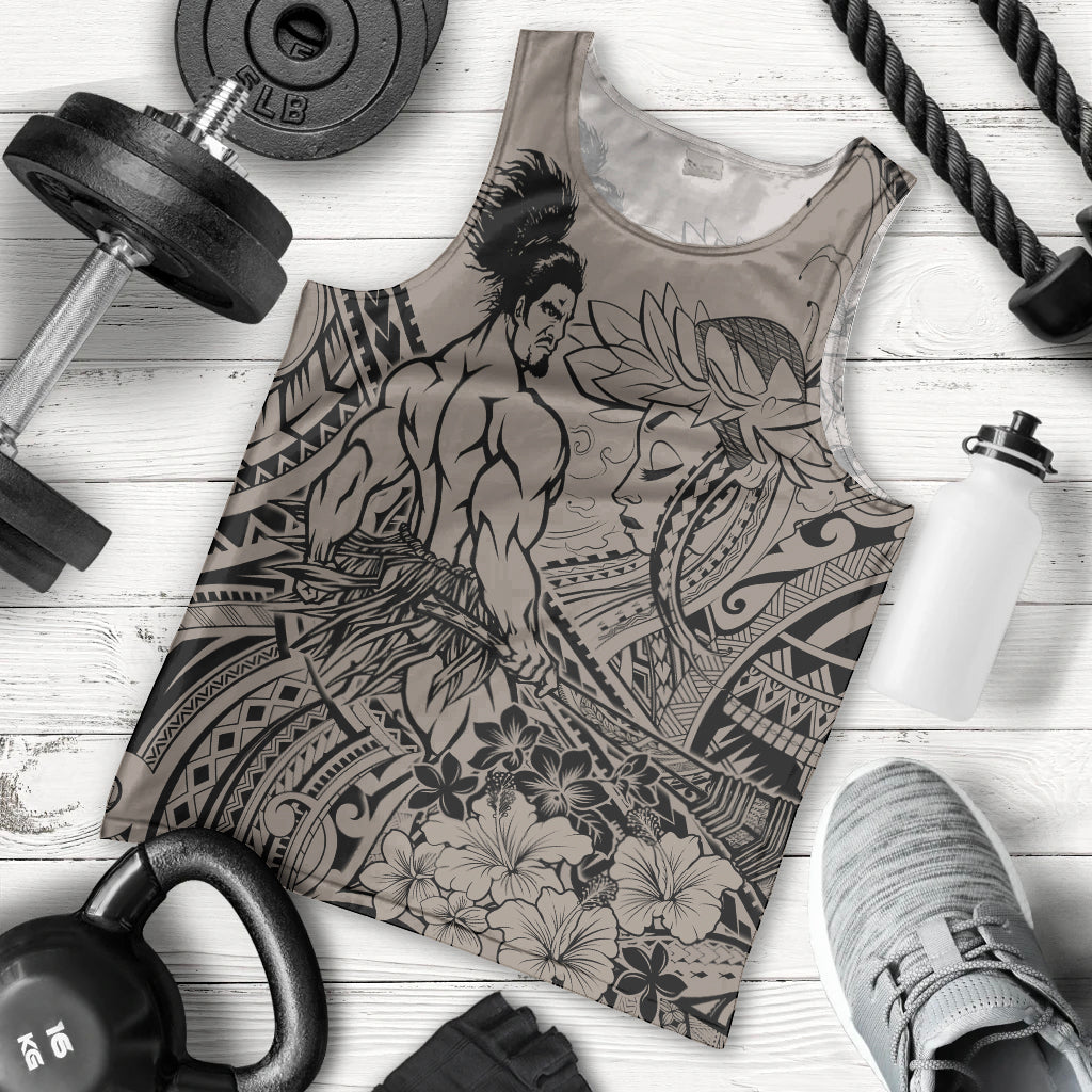 Beauty and The Warrior Polynesian Valentine Men Tank Top Hibiscus FLowers Brown Style LT9 - Polynesian Pride