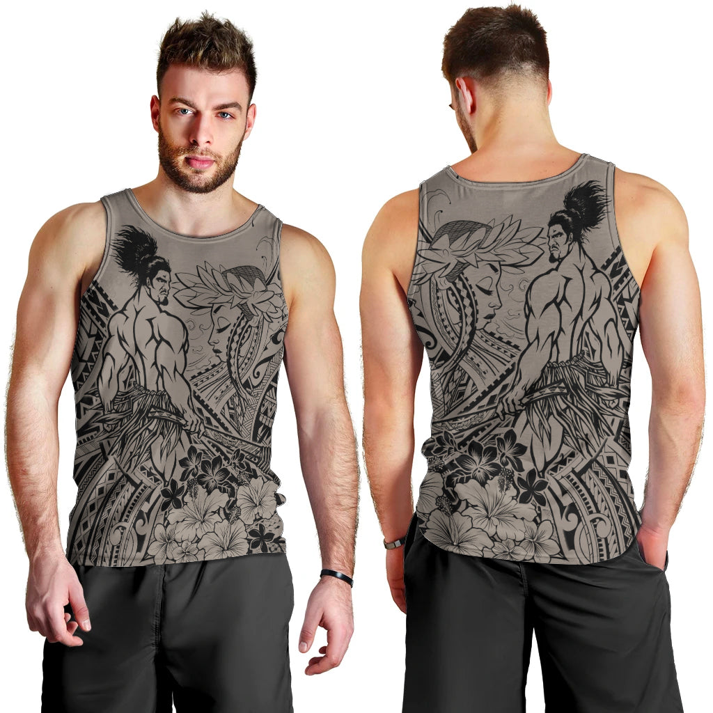 Beauty and The Warrior Polynesian Valentine Men Tank Top Hibiscus FLowers Brown Style LT9 - Polynesian Pride