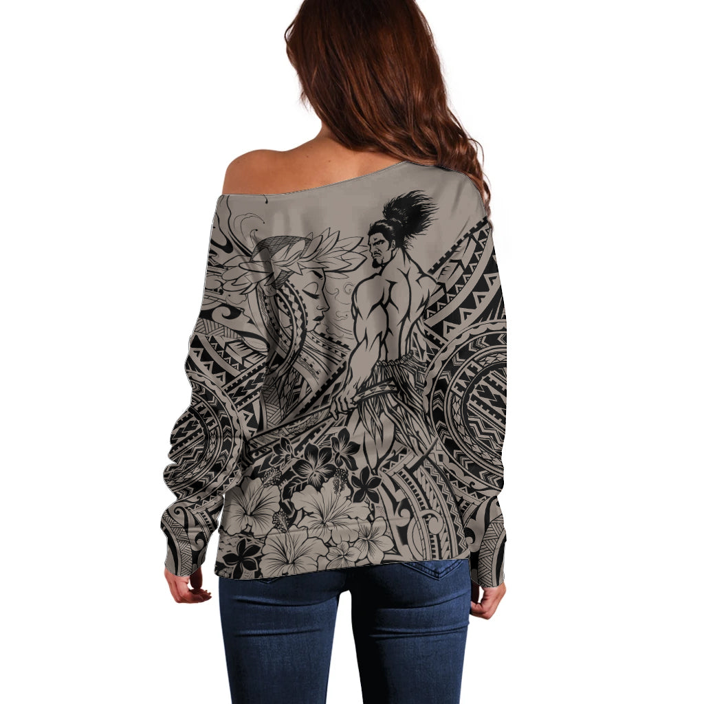 Beauty and The Warrior Polynesian Valentine Off Shoulder Sweater Hibiscus FLowers Brown Style LT9 - Polynesian Pride