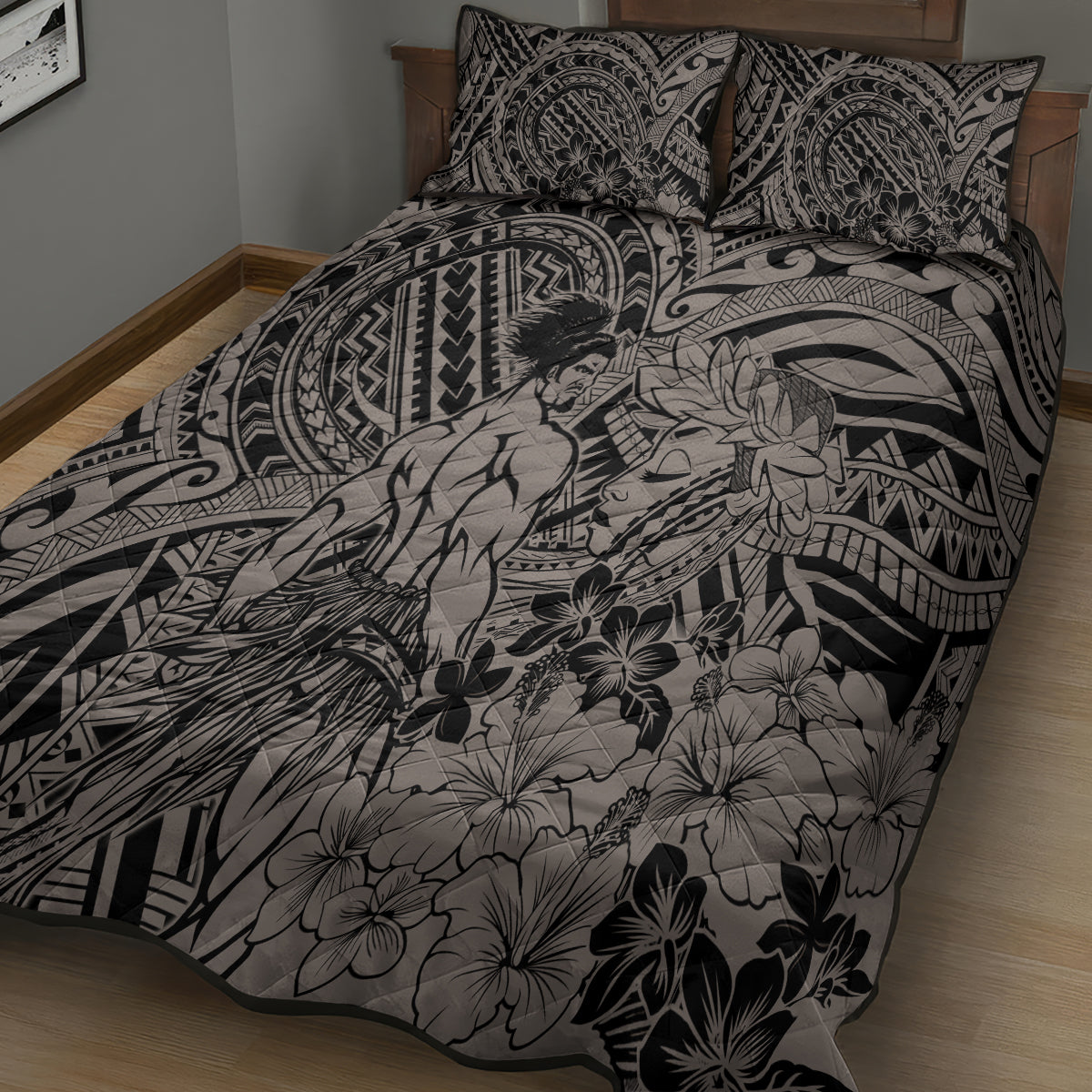 Beauty and The Warrior Polynesian Valentine Quilt Bed Set Hibiscus FLowers Brown Style LT9 - Polynesian Pride