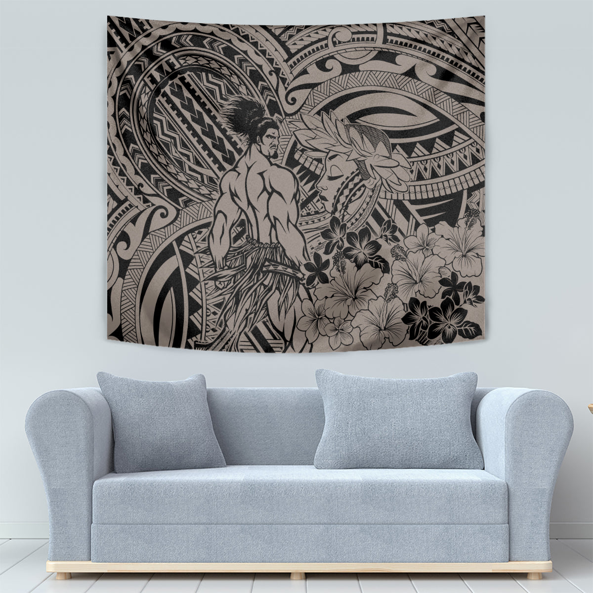 Beauty and The Warrior Polynesian Valentine Tapestry Hibiscus FLowers Brown Style LT9 - Polynesian Pride