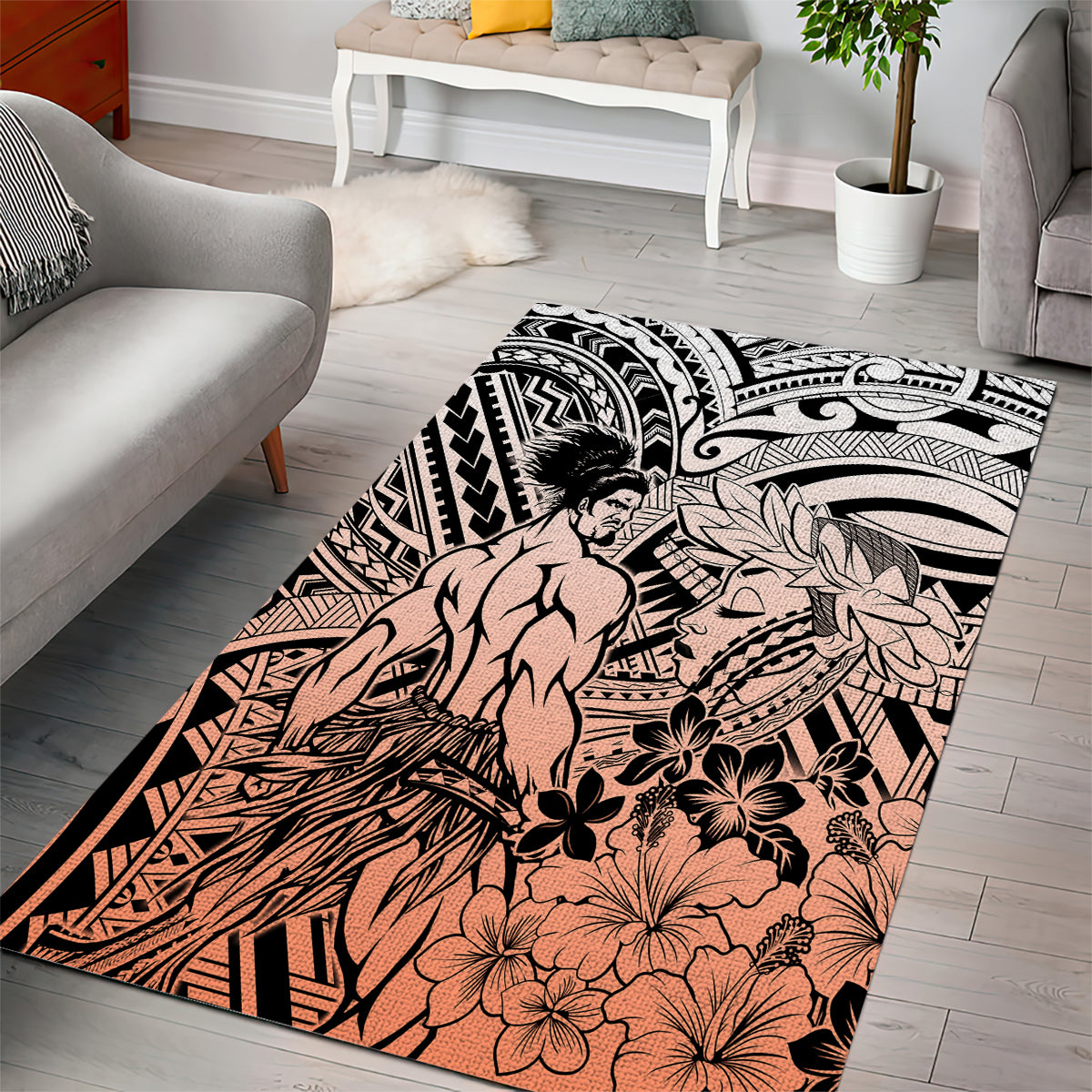 Beauty and The Warrior Polynesian Valentine Area Rug Hibiscus FLowers Orange Style LT9 - Polynesian Pride