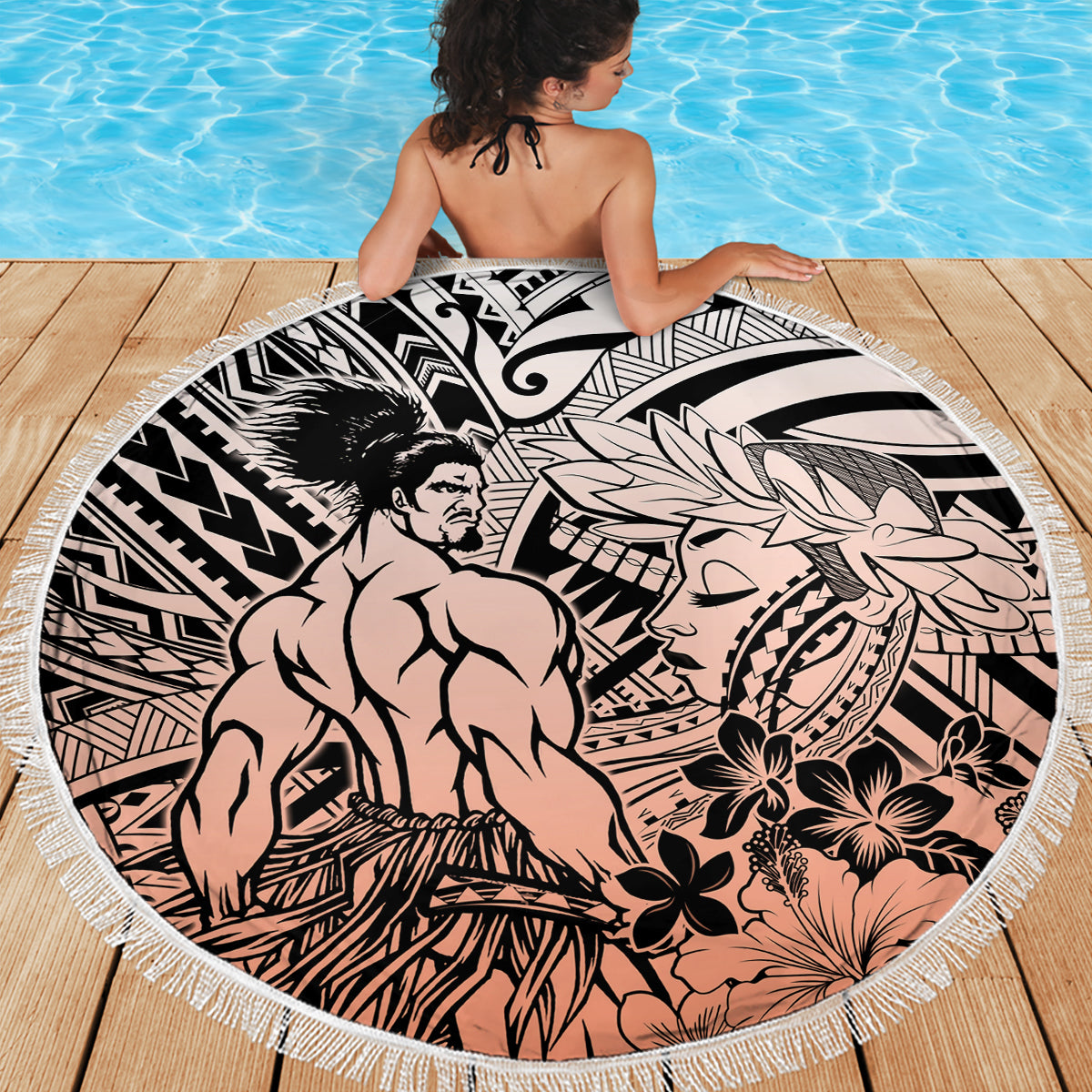 Beauty and The Warrior Polynesian Valentine Beach Blanket Hibiscus FLowers Orange Style LT9 - Polynesian Pride