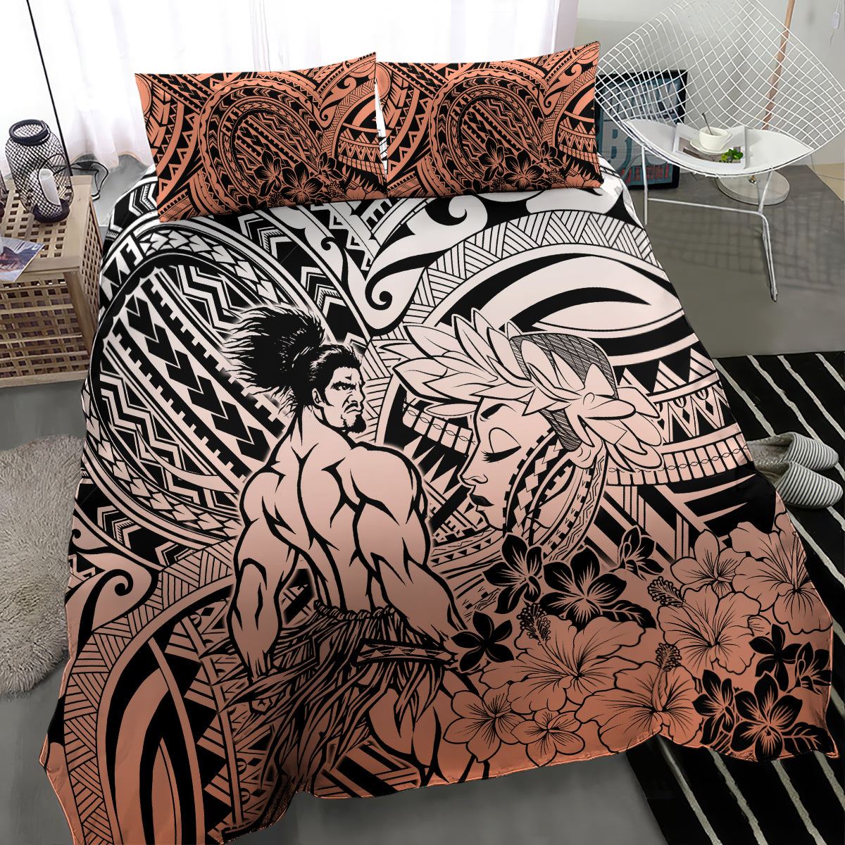 Beauty and The Warrior Polynesian Valentine Bedding Set Hibiscus FLowers Orange Style LT9 - Polynesian Pride