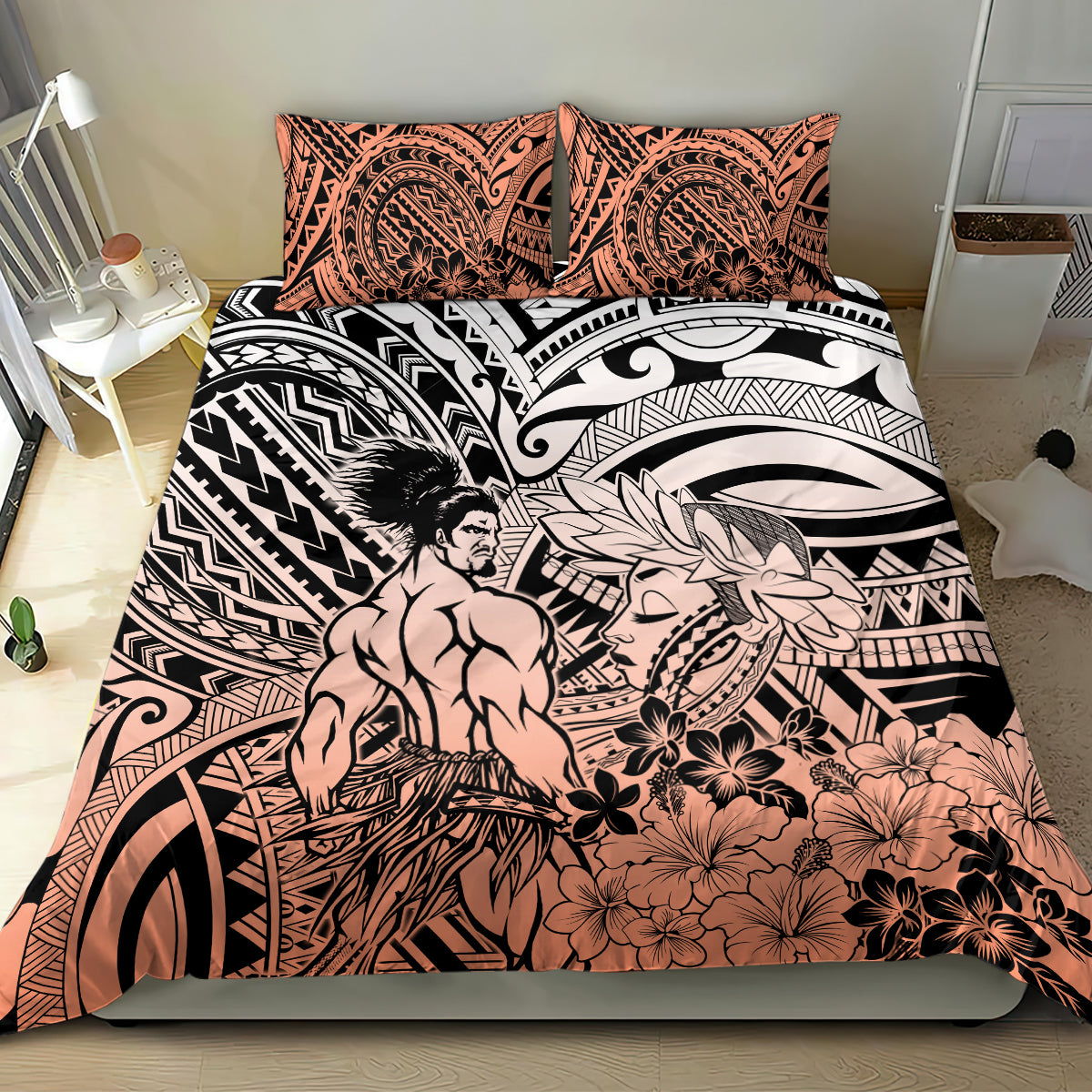 Beauty and The Warrior Polynesian Valentine Bedding Set Hibiscus FLowers Orange Style LT9 - Polynesian Pride