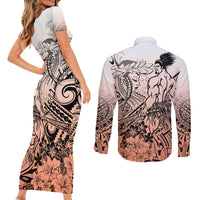 Beauty and The Warrior Polynesian Valentine Couples Matching Short Sleeve Bodycon Dress and Long Sleeve Button Shirt Hibiscus FLowers Orange Style LT9 - Polynesian Pride