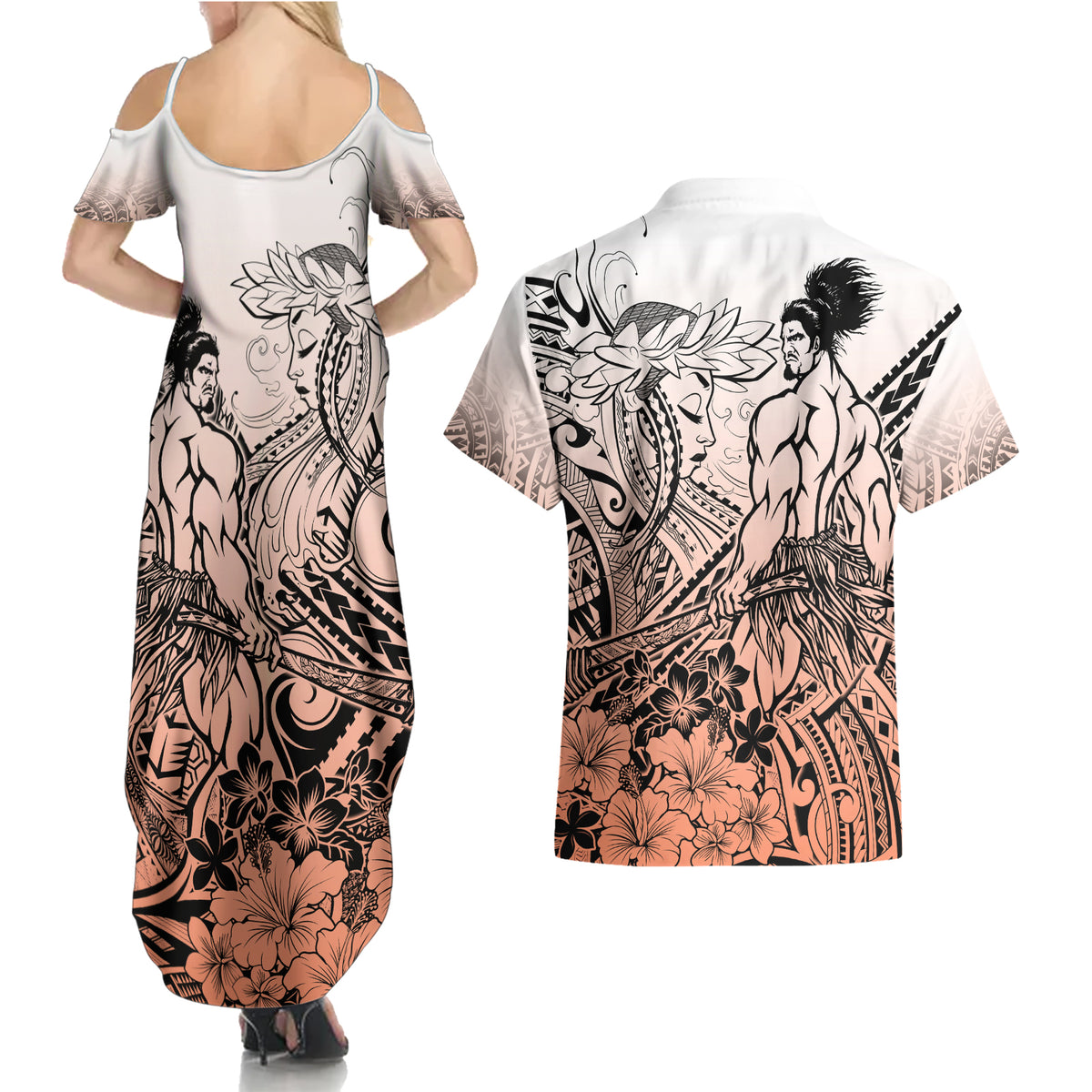 Beauty and The Warrior Polynesian Valentine Couples Matching Summer Maxi Dress and Hawaiian Shirt Hibiscus FLowers Orange Style LT9 - Polynesian Pride
