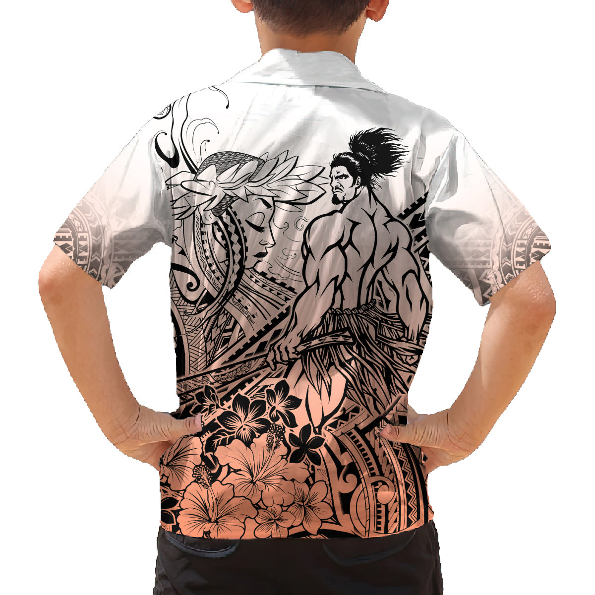 Beauty and The Warrior Polynesian Valentine Family Matching Off Shoulder Long Sleeve Dress and Hawaiian Shirt Hibiscus FLowers Orange Style LT9 - Polynesian Pride