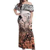 Beauty and The Warrior Polynesian Valentine Off Shoulder Maxi Dress Hibiscus FLowers Orange Style LT9 Women Orange - Polynesian Pride