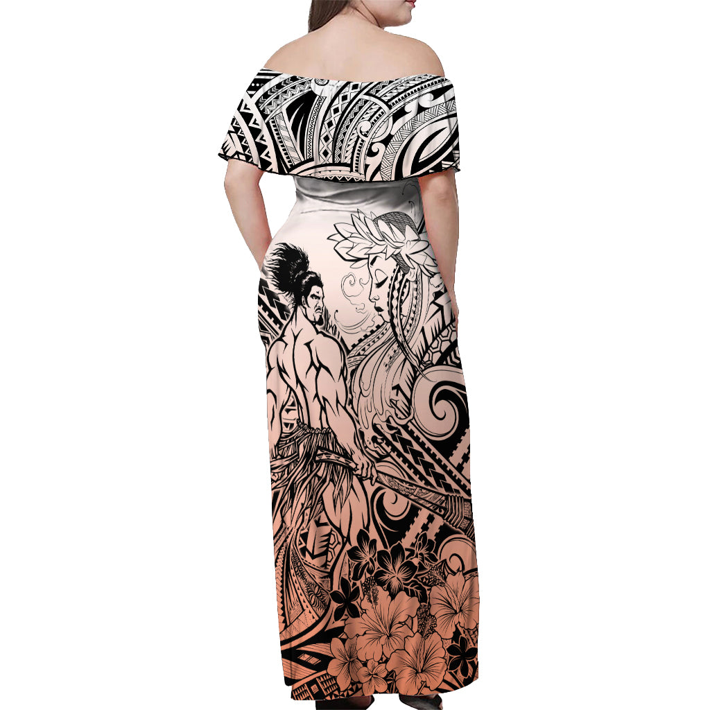 Beauty and The Warrior Polynesian Valentine Off Shoulder Maxi Dress Hibiscus FLowers Orange Style LT9 - Polynesian Pride