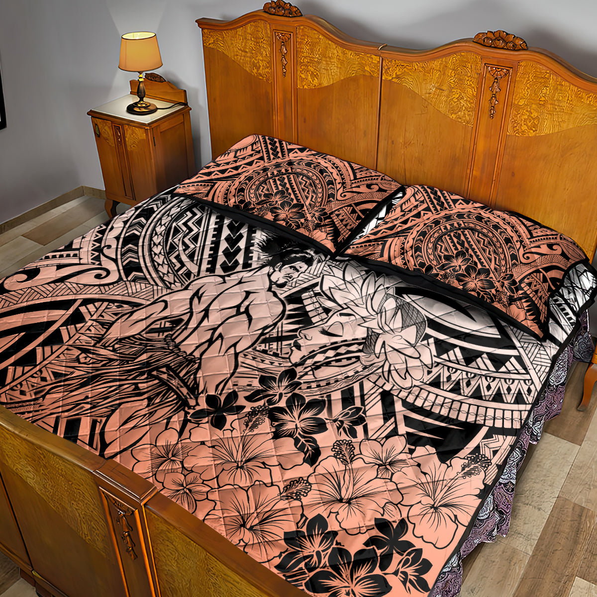 Beauty and The Warrior Polynesian Valentine Quilt Bed Set Hibiscus FLowers Orange Style LT9 - Polynesian Pride