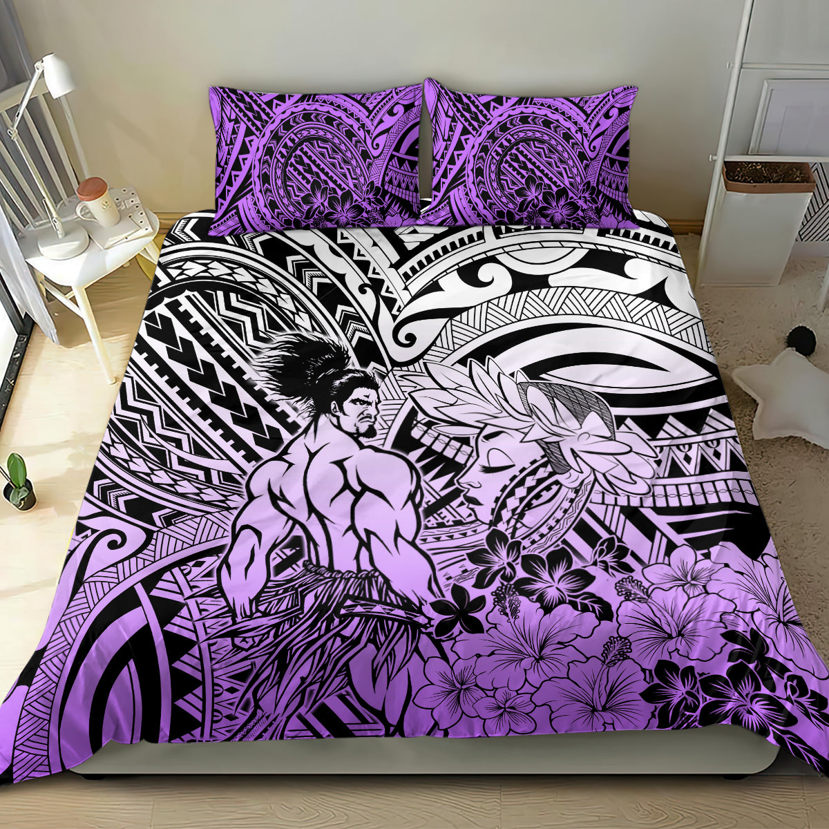 Beauty and The Warrior Polynesian Valentine Bedding Set Hibiscus FLowers Purple Style LT9 - Polynesian Pride