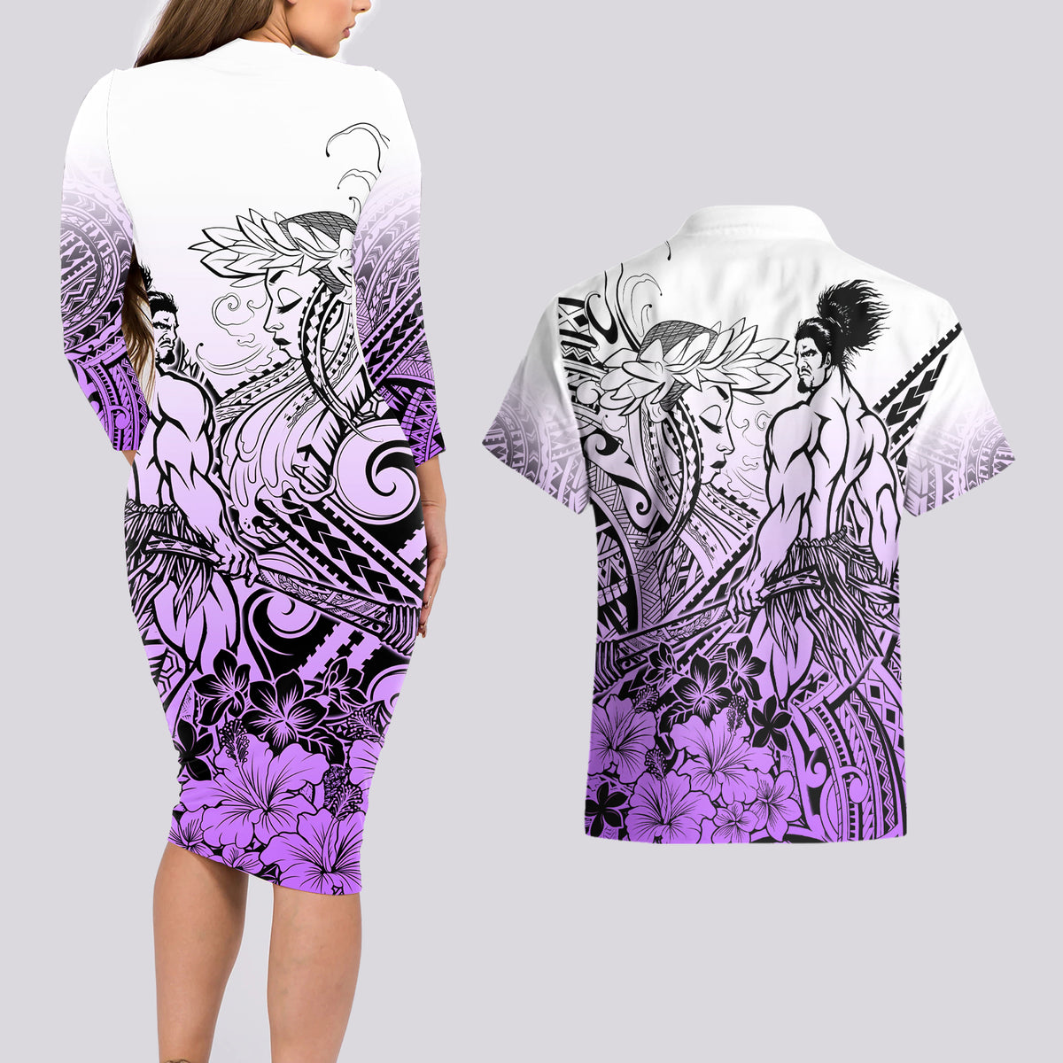 Beauty and The Warrior Polynesian Valentine Couples Matching Long Sleeve Bodycon Dress and Hawaiian Shirt Hibiscus FLowers Purple Style LT9 - Polynesian Pride