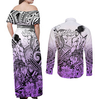 Beauty and The Warrior Polynesian Valentine Couples Matching Off Shoulder Maxi Dress and Long Sleeve Button Shirt Hibiscus FLowers Purple Style LT9 - Polynesian Pride