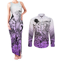 Beauty and The Warrior Polynesian Valentine Couples Matching Tank Maxi Dress and Long Sleeve Button Shirt Hibiscus FLowers Purple Style LT9 Purple - Polynesian Pride