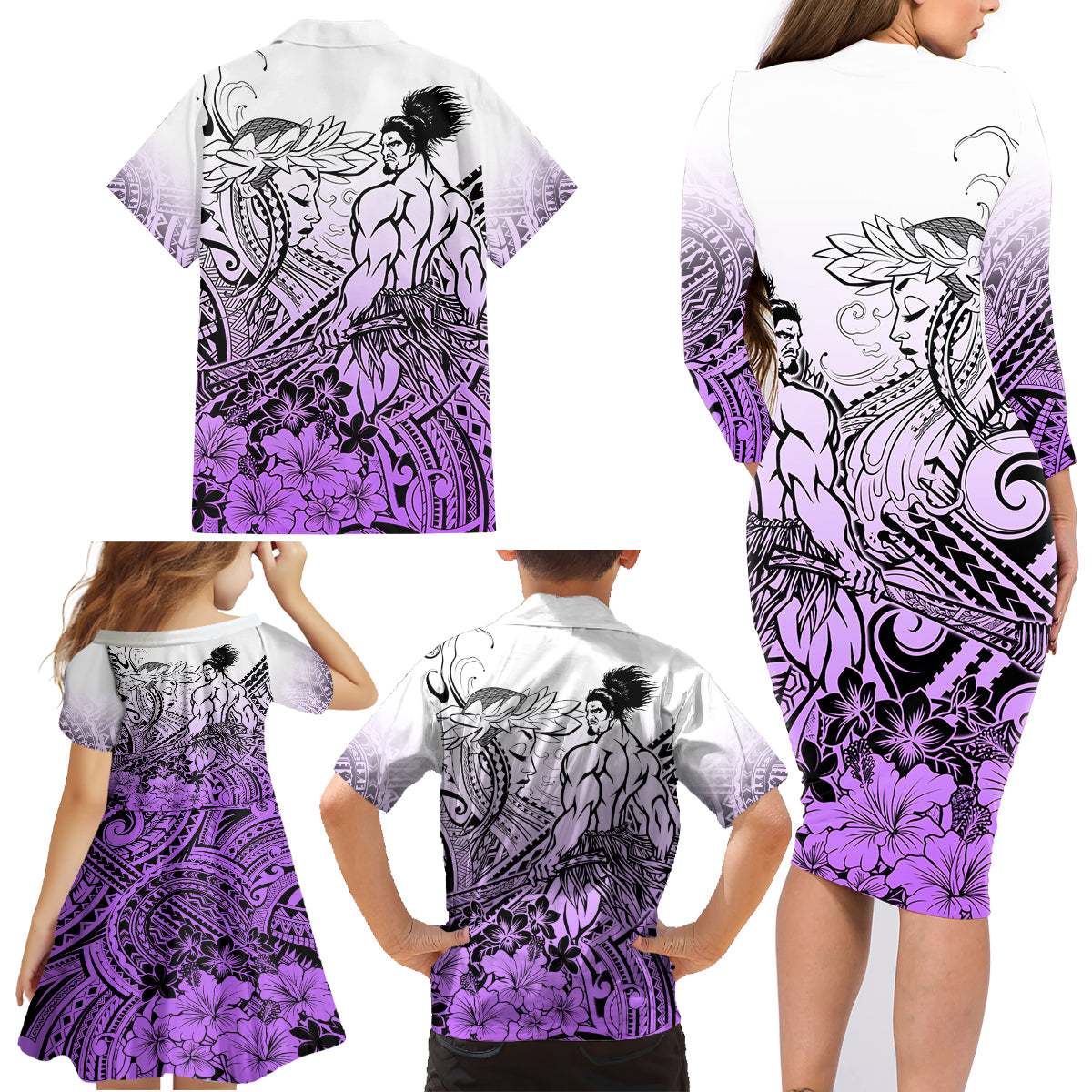 Beauty and The Warrior Polynesian Valentine Family Matching Long Sleeve Bodycon Dress and Hawaiian Shirt Hibiscus FLowers Purple Style LT9 - Polynesian Pride