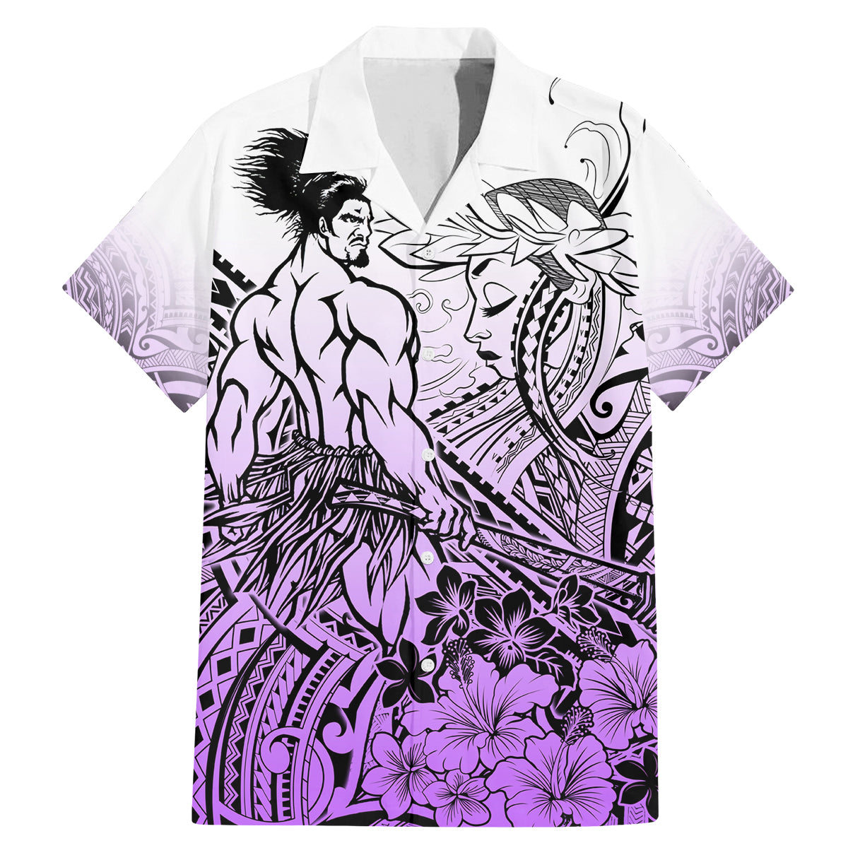 Beauty and The Warrior Polynesian Valentine Family Matching Mermaid Dress and Hawaiian Shirt Hibiscus FLowers Purple Style LT9 Dad's Shirt - Short Sleeve Purple - Polynesian Pride