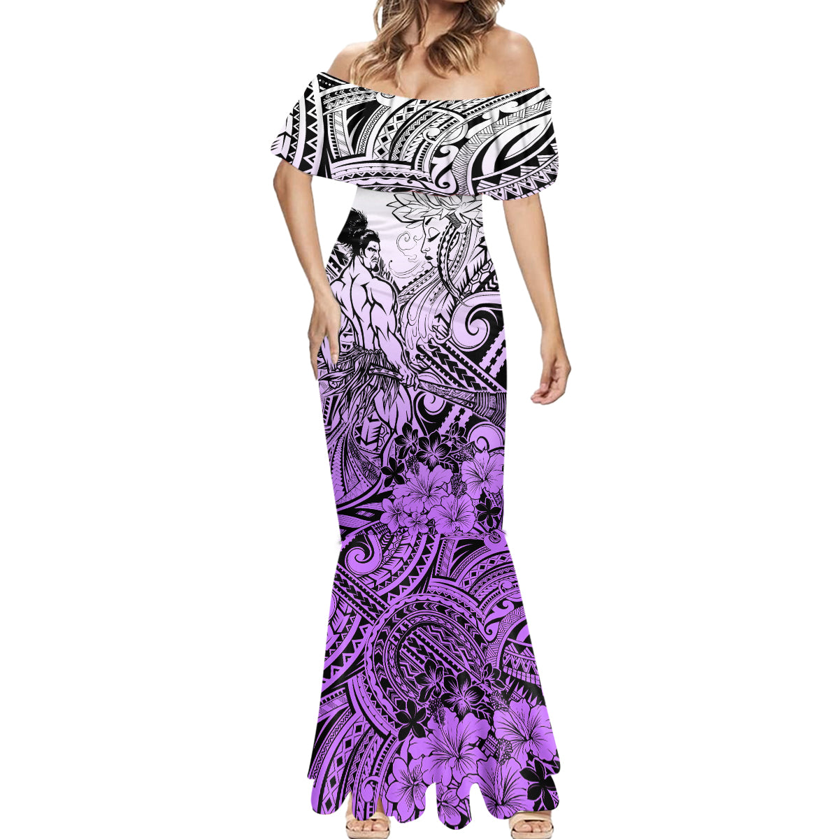 Beauty and The Warrior Polynesian Valentine Mermaid Dress Hibiscus FLowers Purple Style LT9 - Polynesian Pride