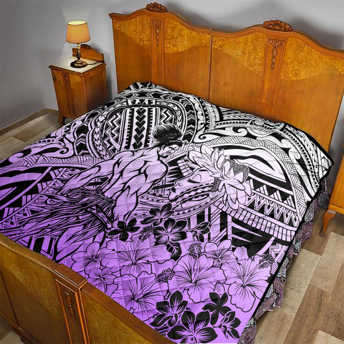 Beauty and The Warrior Polynesian Valentine Quilt Hibiscus FLowers Purple Style LT9 - Polynesian Pride