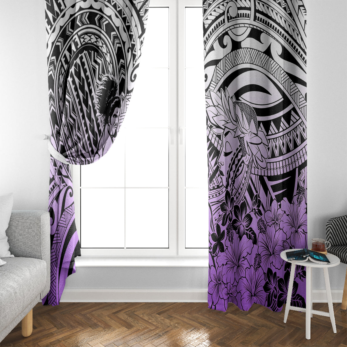 Beauty and The Warrior Polynesian Valentine Window Curtain Hibiscus FLowers Purple Style LT9 - Polynesian Pride