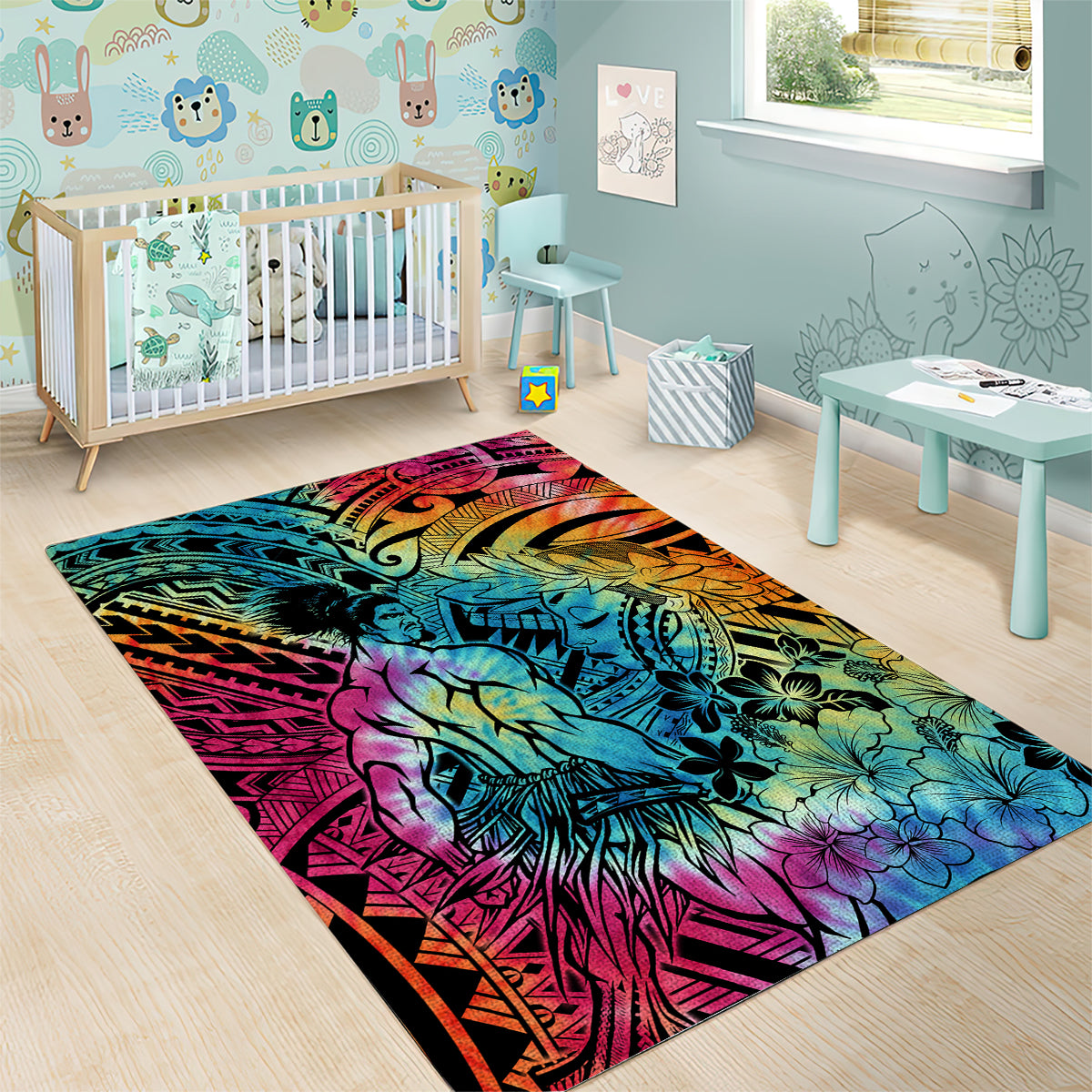 Beauty and The Warrior Polynesian Valentine Area Rug Hibiscus FLowers Rainbow Style LT9 - Polynesian Pride