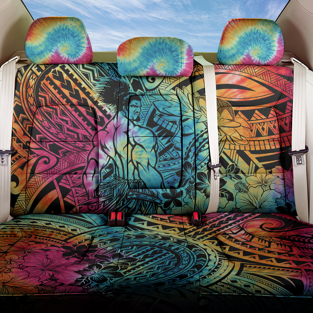 Beauty and The Warrior Polynesian Valentine Back Car Seat Cover Hibiscus FLowers Rainbow Style LT9