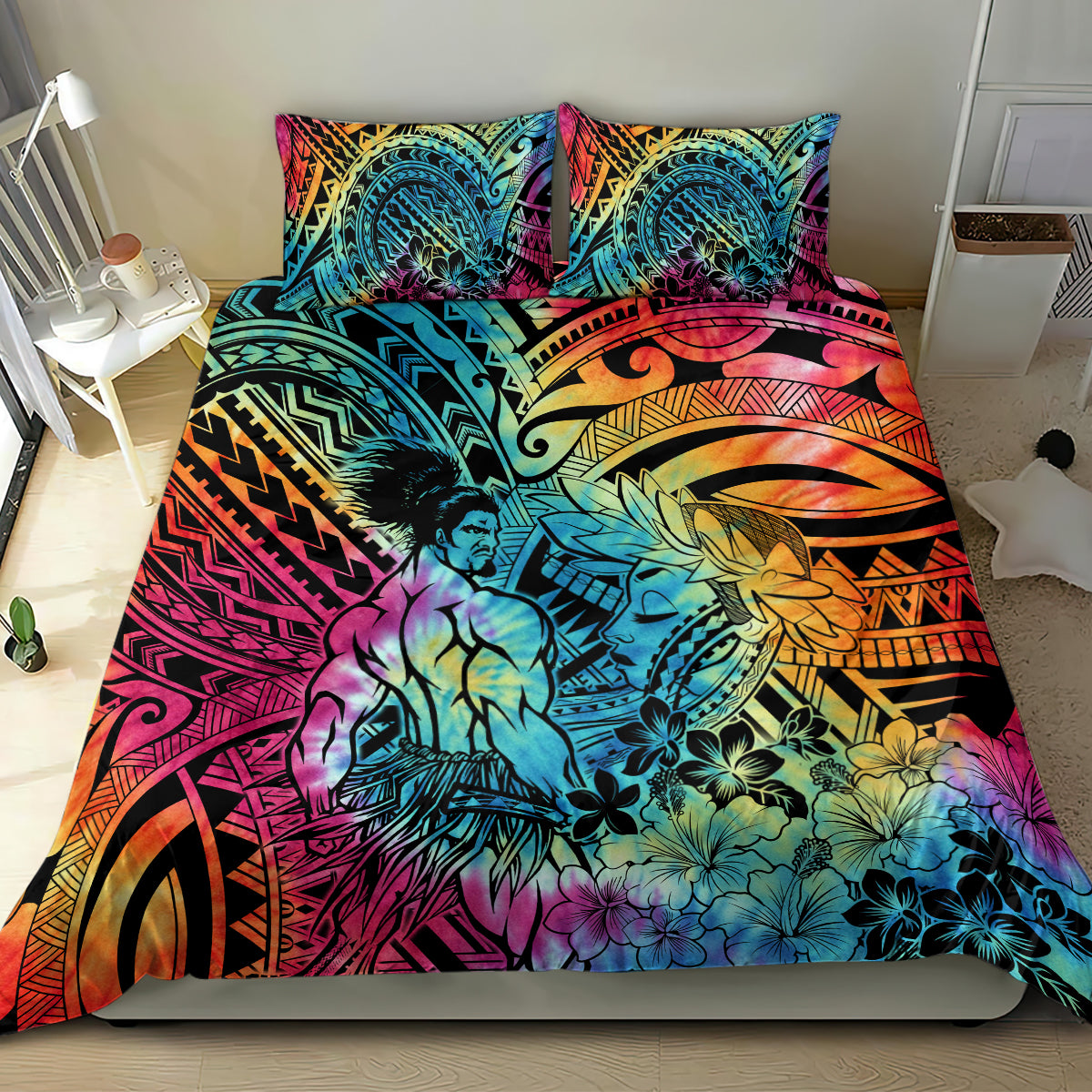 Beauty and The Warrior Polynesian Valentine Bedding Set Hibiscus FLowers Rainbow Style LT9 - Polynesian Pride