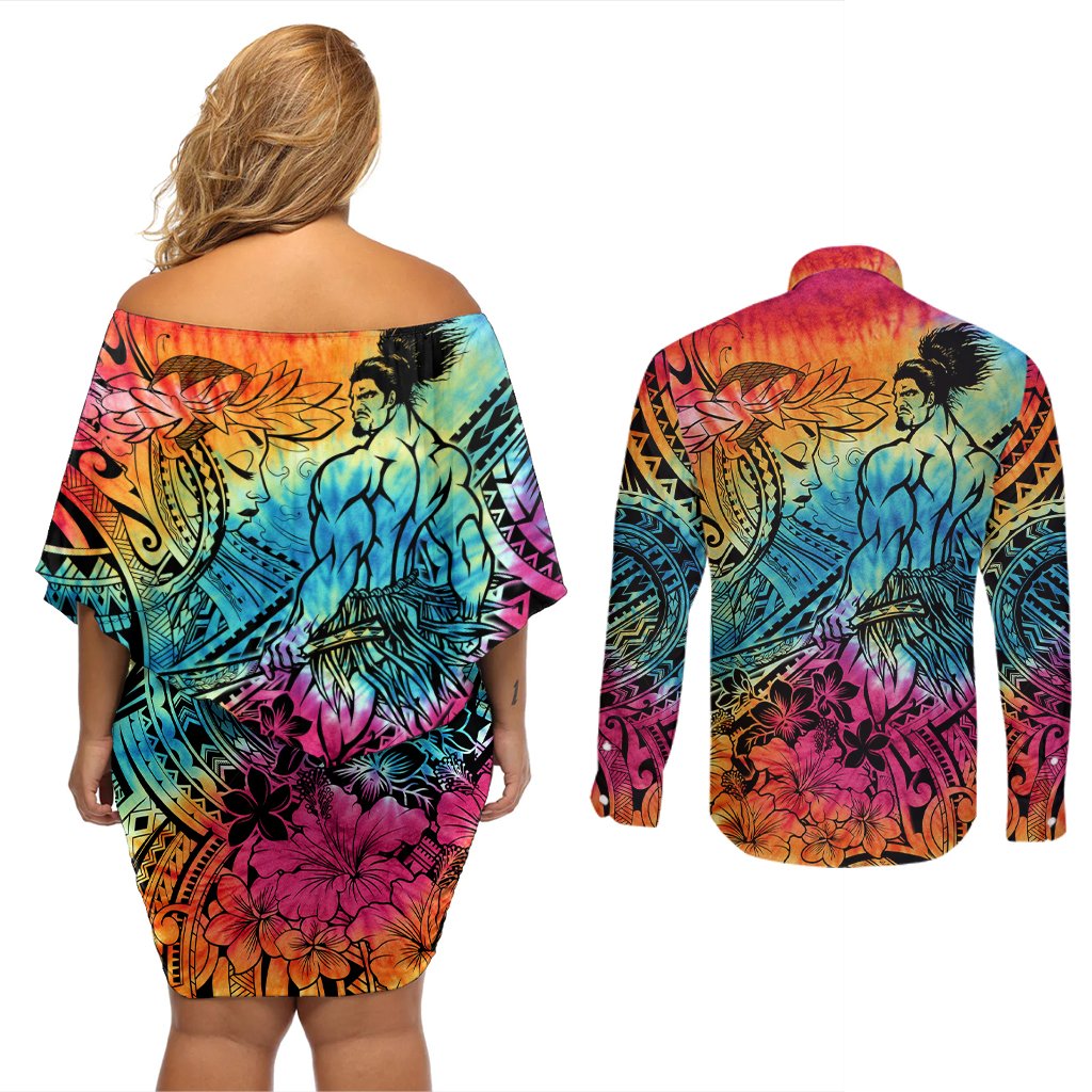 Beauty and The Warrior Polynesian Valentine Couples Matching Off Shoulder Short Dress and Long Sleeve Button Shirt Hibiscus FLowers Rainbow Style LT9 - Polynesian Pride
