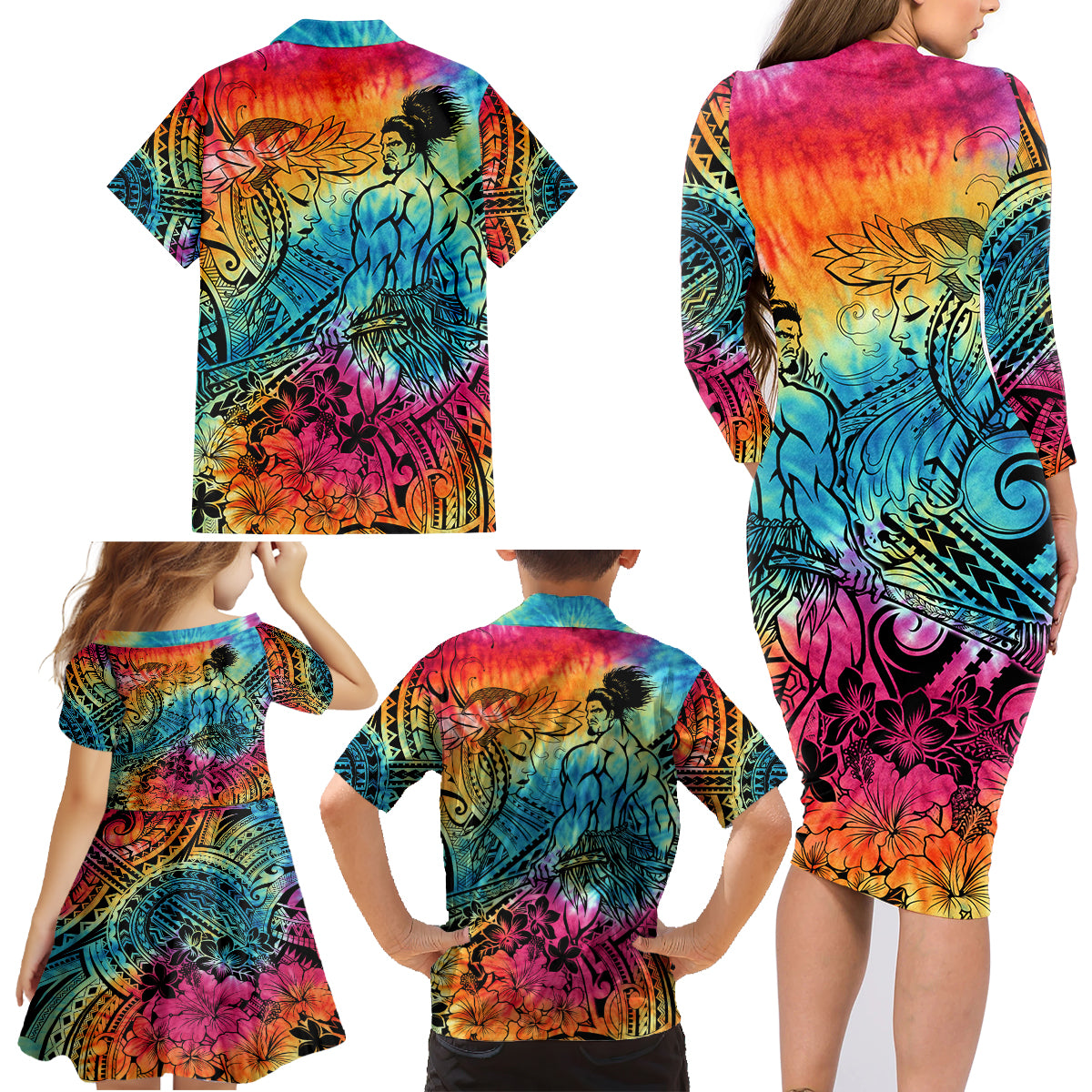 Beauty and The Warrior Polynesian Valentine Family Matching Long Sleeve Bodycon Dress and Hawaiian Shirt Hibiscus FLowers Rainbow Style LT9 - Polynesian Pride