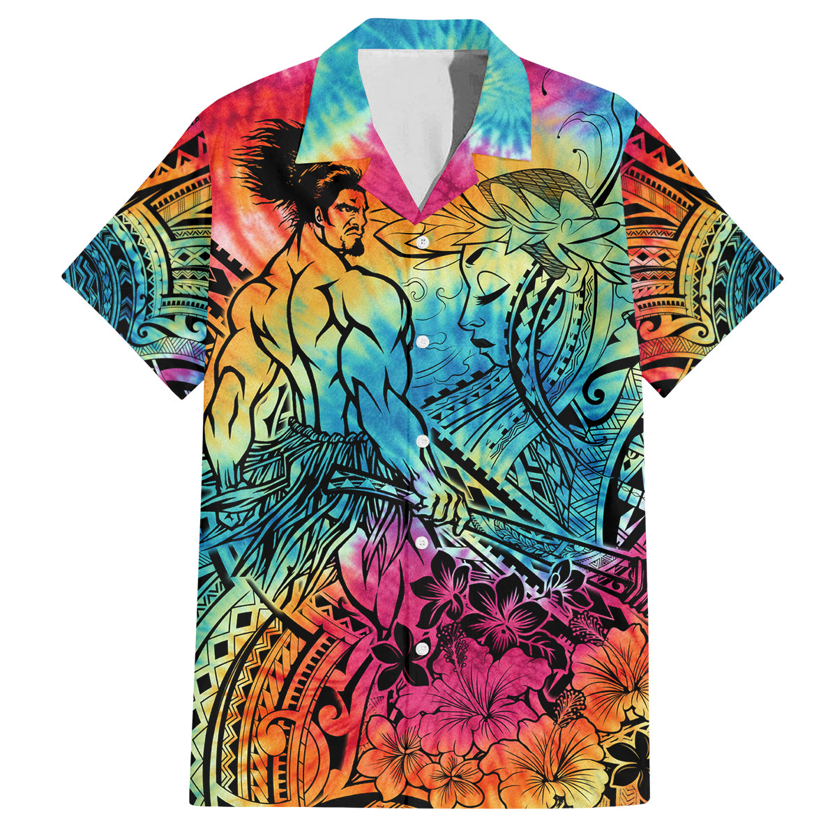 Beauty and The Warrior Polynesian Valentine Family Matching Off Shoulder Maxi Dress and Hawaiian Shirt Hibiscus FLowers Rainbow Style LT9 Dad's Shirt - Short Sleeve Rainbow - Polynesian Pride